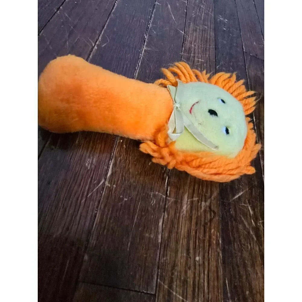 Vintage 1970s Stahlwood Toy Orange Lion Baby Rattle Plush